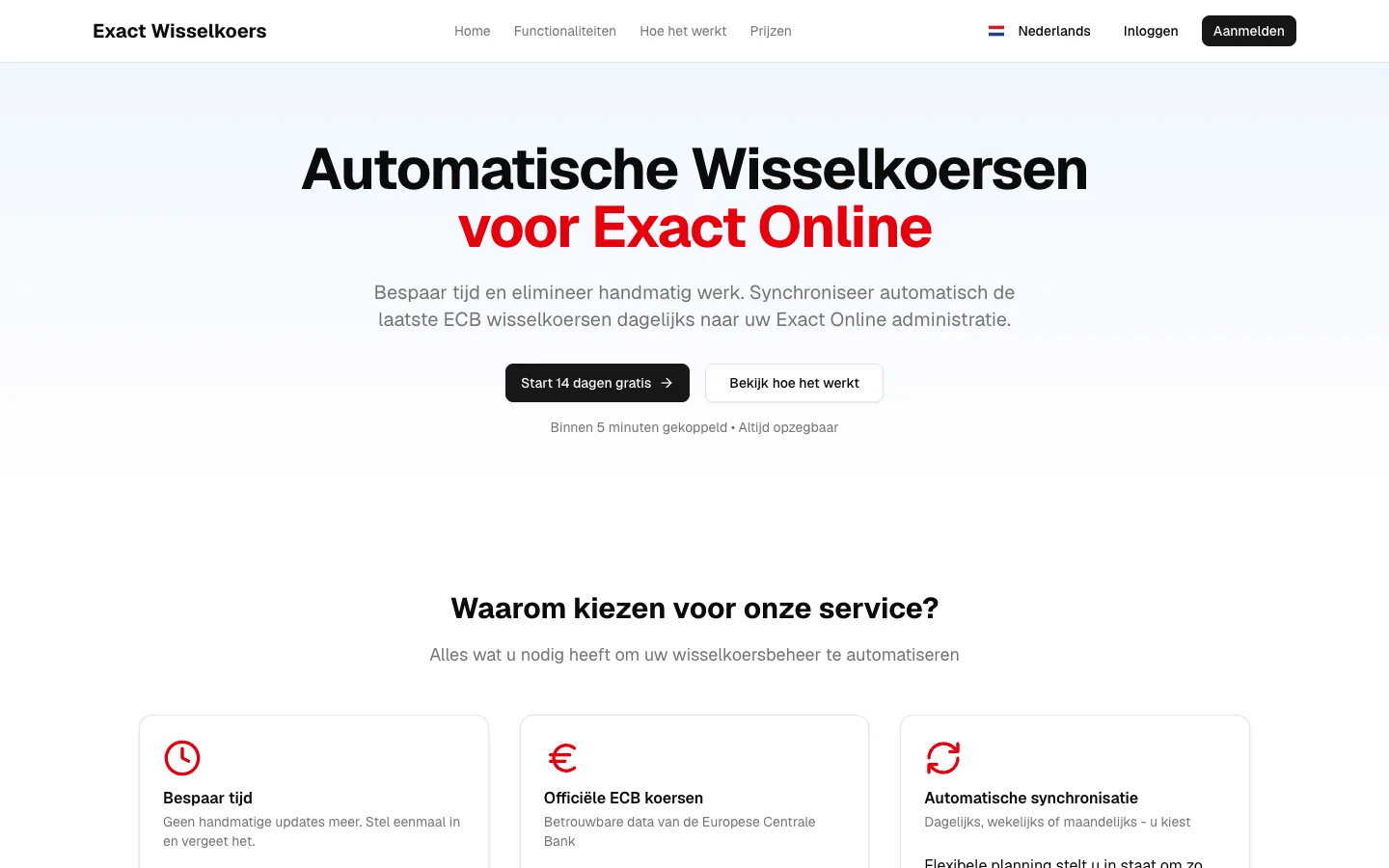 Homepage van Exact Online Wisselkoers